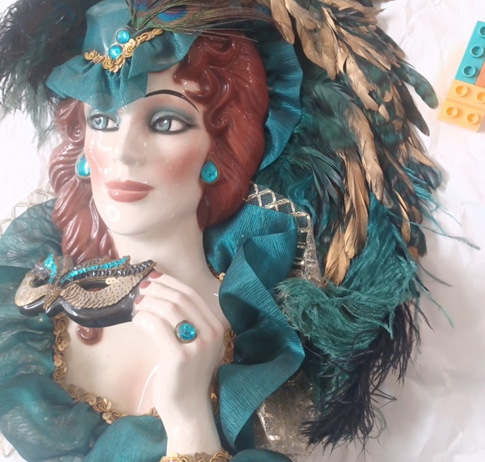 Elegant Lady In Teal and Gold Feathered Musical Mask Wall Hanging - Picture 2 of 7